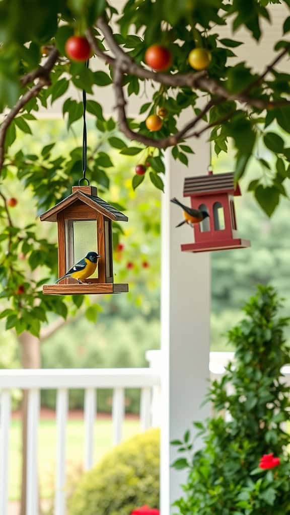 A charming wooden bird feeder with a colorful bird perched on it, surrounded by lush greenery.
