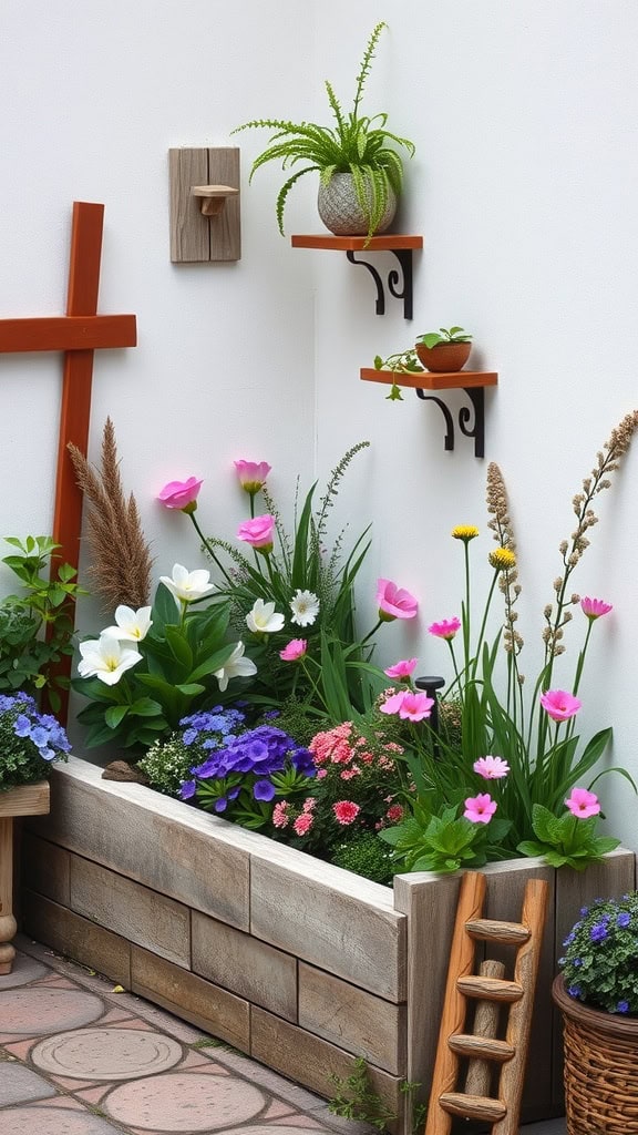 Charming corner flower bed with vibrant blooms and rustic wooden accents.