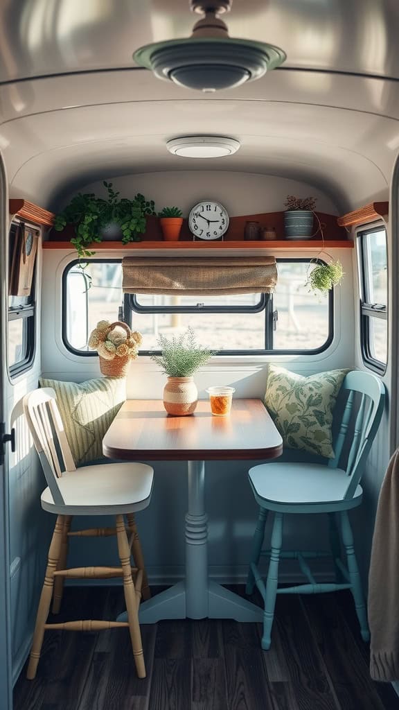 Cozy small camper dining nook with a round table and mismatched chairs, surrounded by plants and natural light.