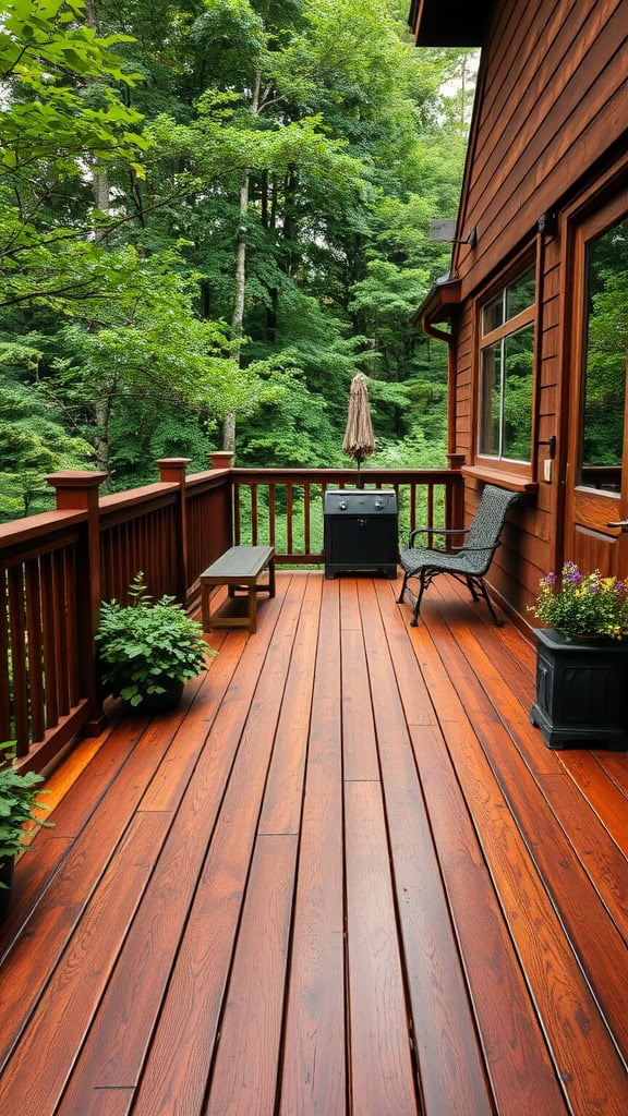 A wooden deck stained in chestnut color, surrounded by green trees and plants.