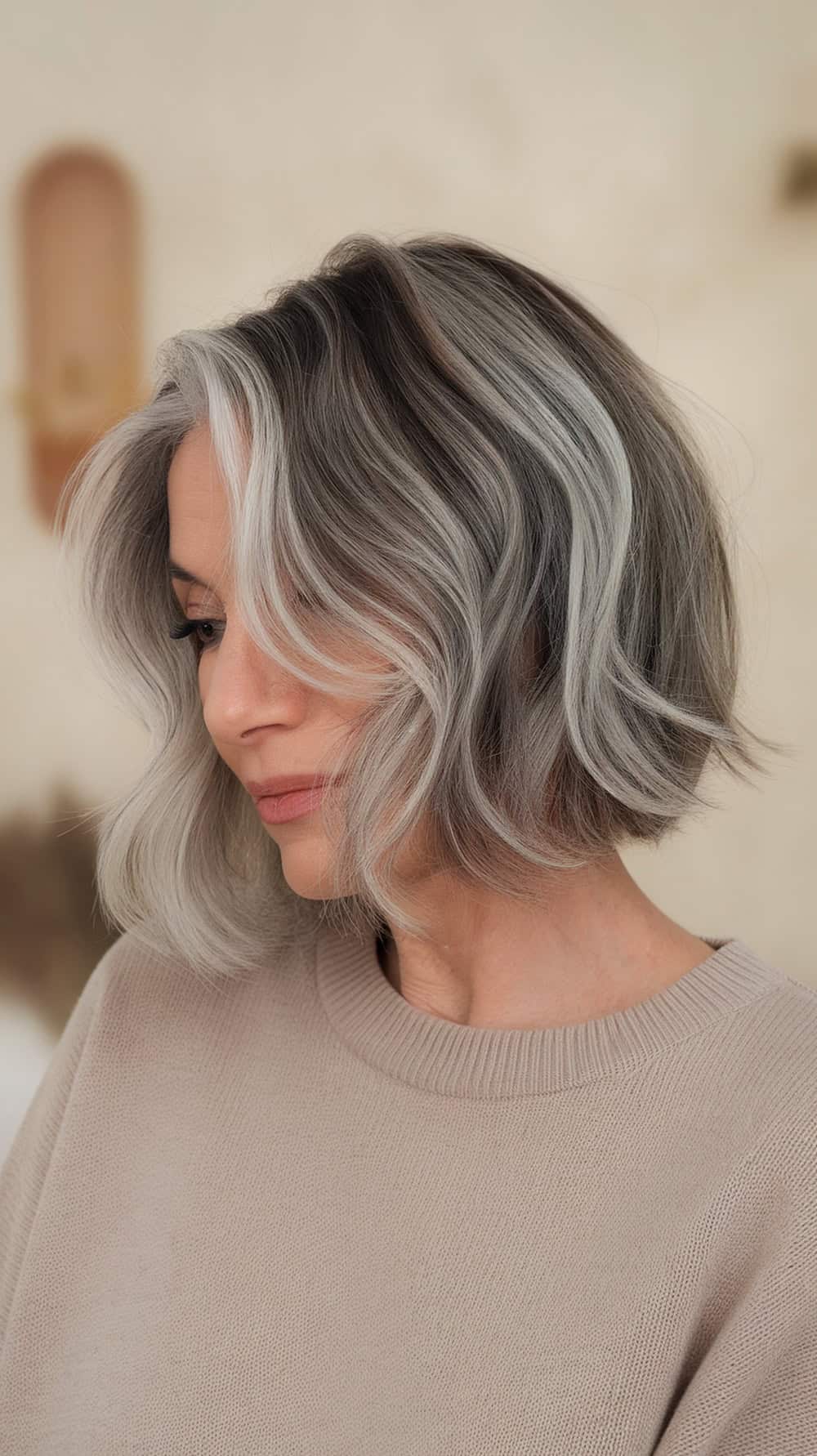 A woman with a chic bob hairstyle featuring soft waves and highlights, wearing a beige sweater.