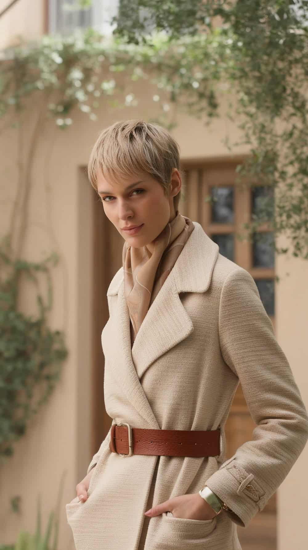 Woman with a chic textured pixie haircut, wearing a stylish coat and scarf.
