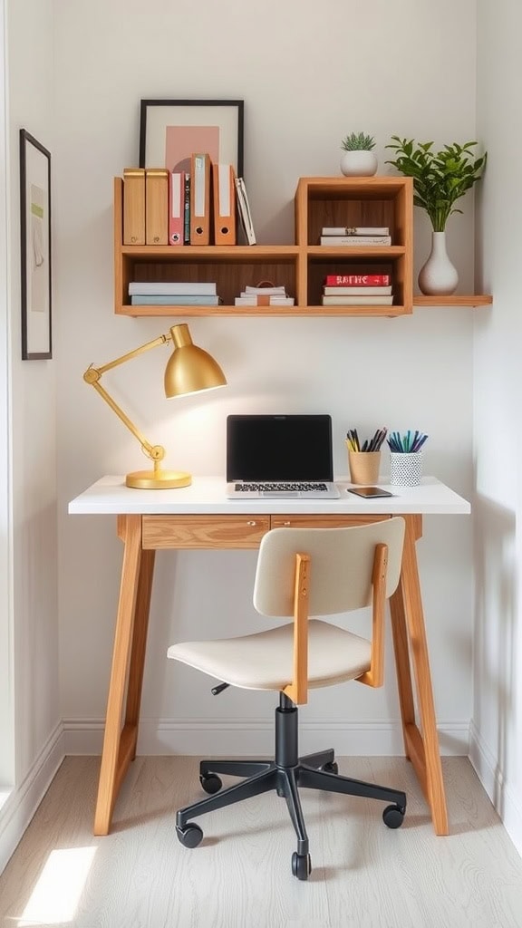 A modern home office desk setup featuring a computer, stylish chair, and organized shelves.