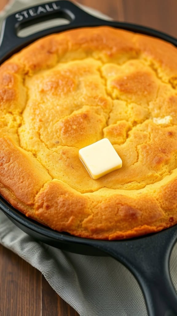 A slice of golden cornbread in a cast iron skillet with butter on top