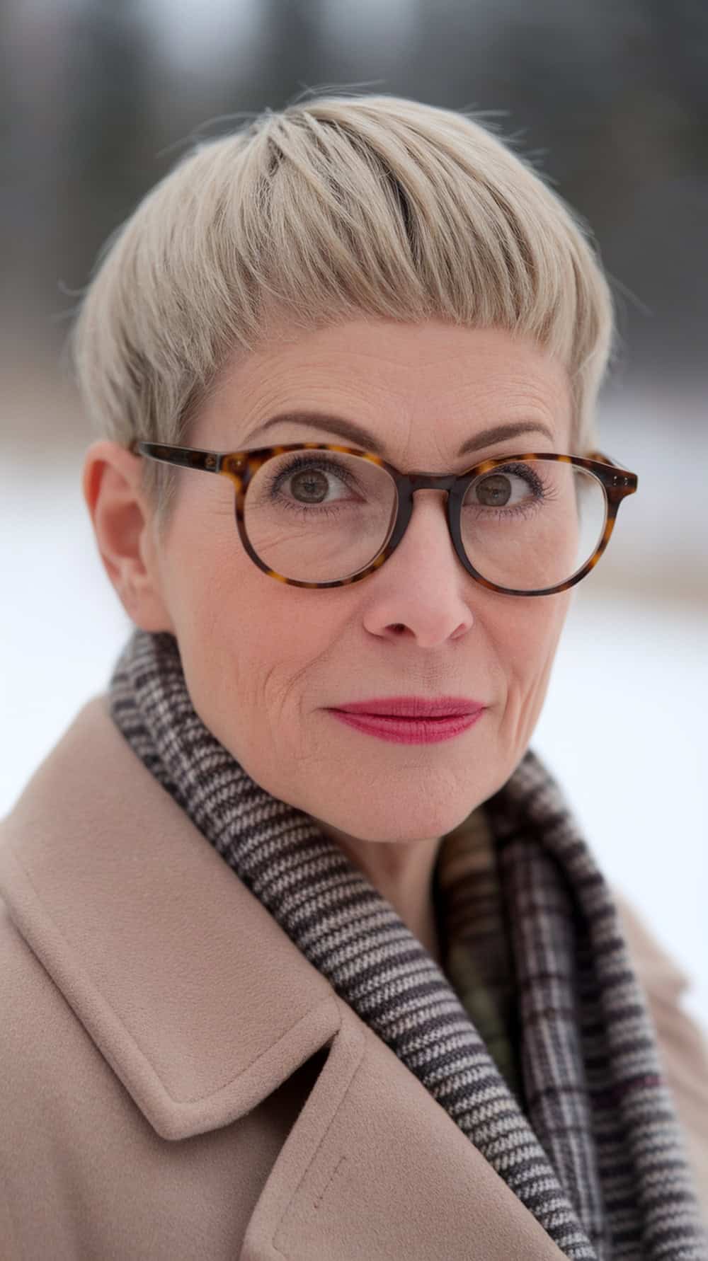 Woman with a classic crew cut, wearing glasses and a stylish coat