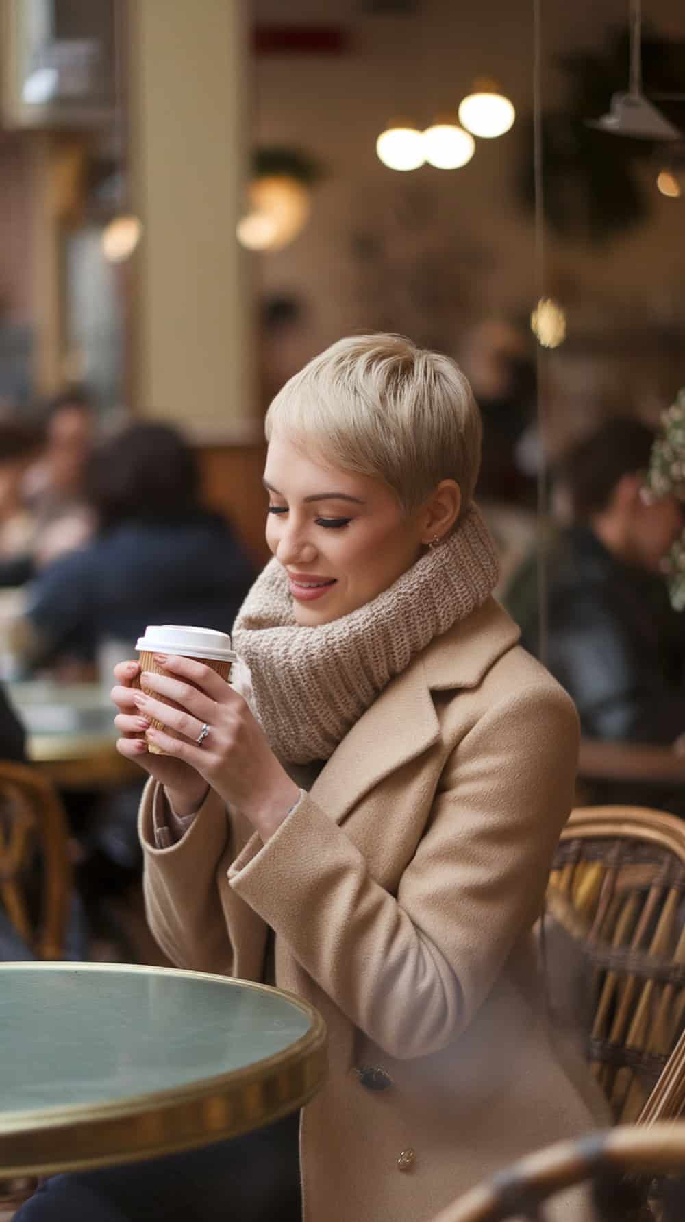 A woman with a classic pixie haircut and side bangs, wearing a cozy sweater and holding a coffee cup in a café setting.