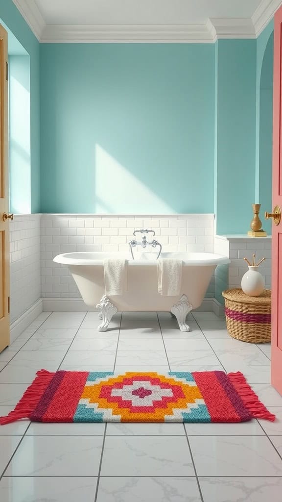 A bright patterned bath mat in a stylish bathroom with a tub and colorful walls.