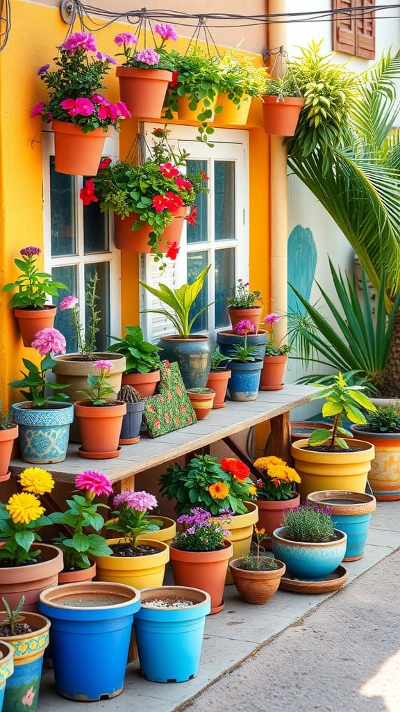 A colorful potting station with various potted flowers and plants on a wooden bench