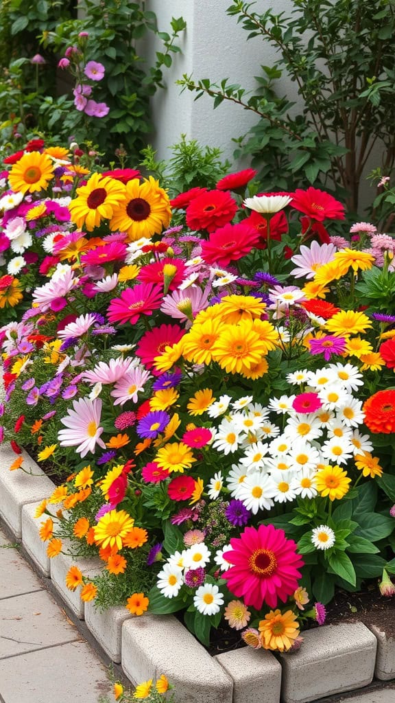 A vibrant corner flower bed with a variety of colorful flowers including daisies, gerberas, and marigolds.