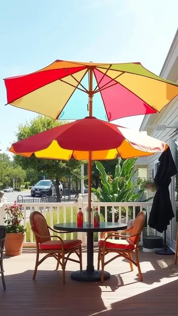 Colorful umbrellas providing shade on a front porch