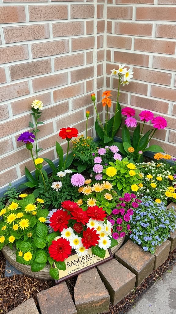 A colorful corner flower bed featuring a mix of annuals and perennials with various blooms.