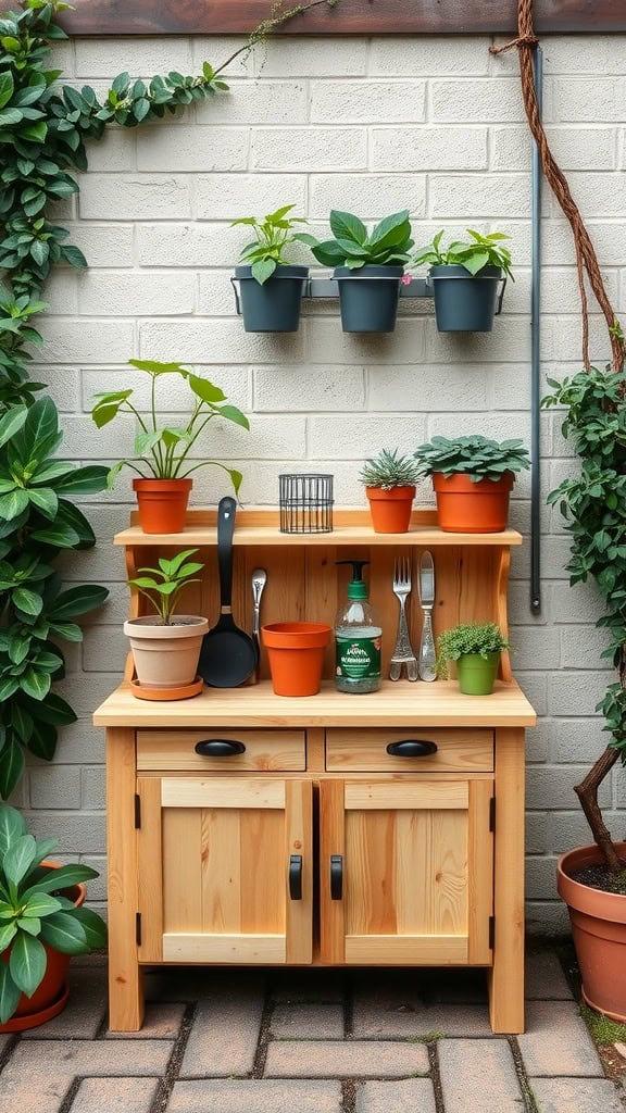 A compact wooden potting bench in a garden setting, surrounded by potted plants and gardening tools.