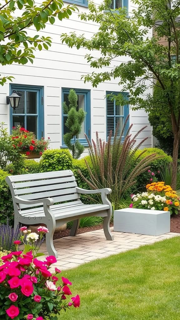A contemporary garden bench surrounded by colorful flowers and lush greenery.