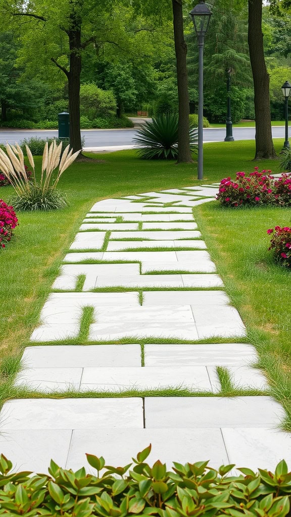 A modern pathway made of large stones with grass in between, set in a colorful garden.