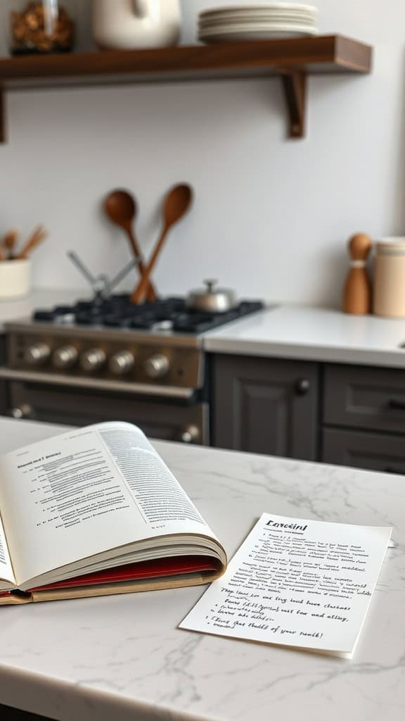 A cookbook open on a kitchen countertop with a handwritten recipe note, symbolizing personal cooking inspiration.