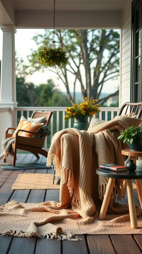 A cozy outdoor setup featuring blankets, chairs, and plants on a porch.