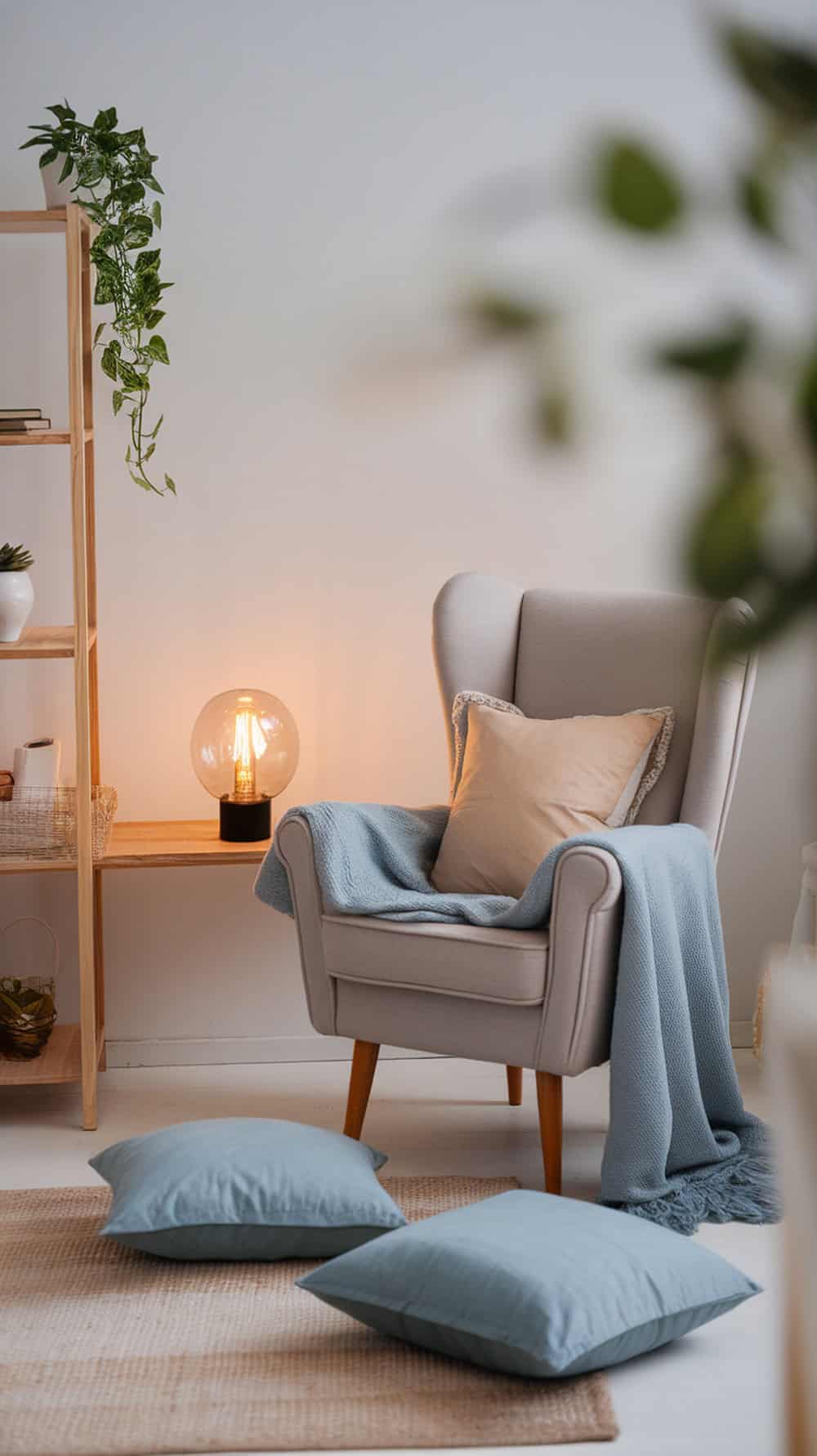 A cozy corner featuring a light blue blanket on an armchair, soft pillows on the floor, and a plant on a wooden shelf.