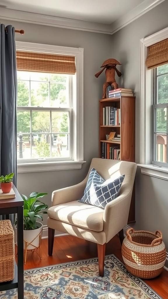 Cozy reading nook in a small home office with an armchair, plants, and bookshelves.
