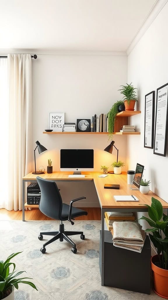 Cozy home office with a wooden desk, computer, and plants