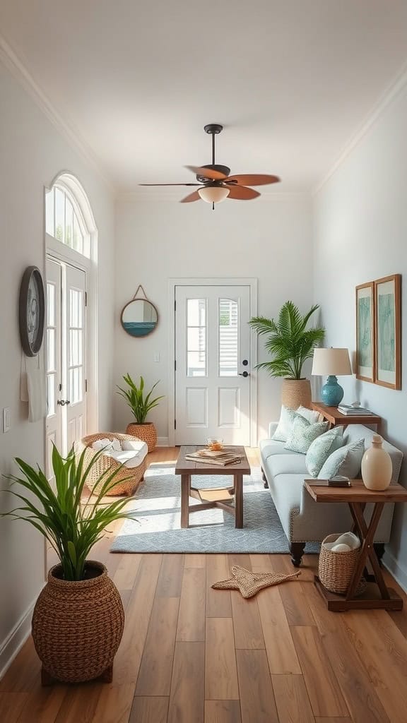 A bright and inviting beachy living room entrance with plants, a sofa, and natural light.