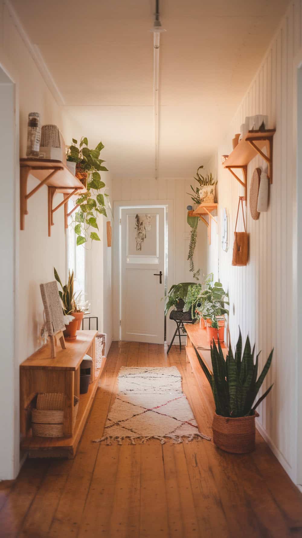 A warm and inviting Scandinavian-style hallway featuring wooden shelves, plants, and natural light.