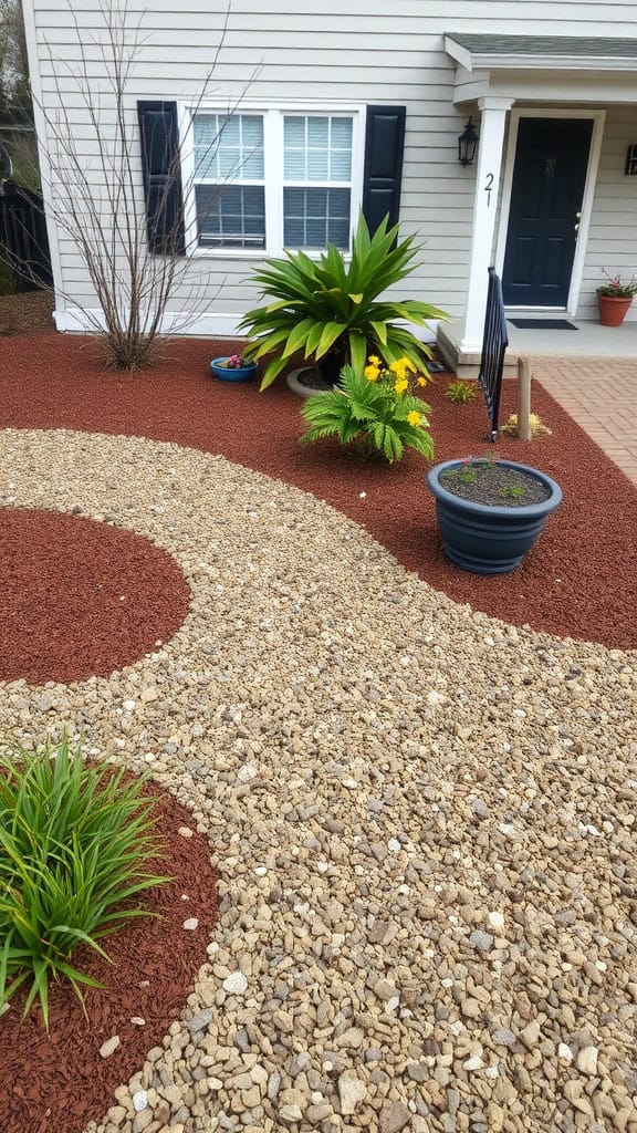 A modern front yard with red mulch, decorative stones, and lush green plants.