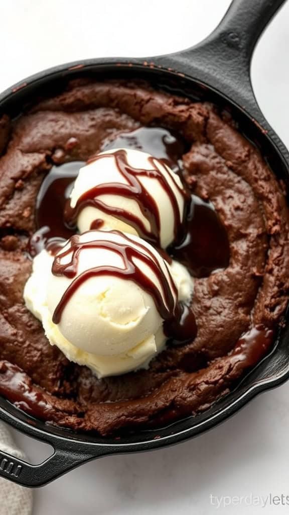 Delicious skillet brownies topped with ice cream and chocolate sauce