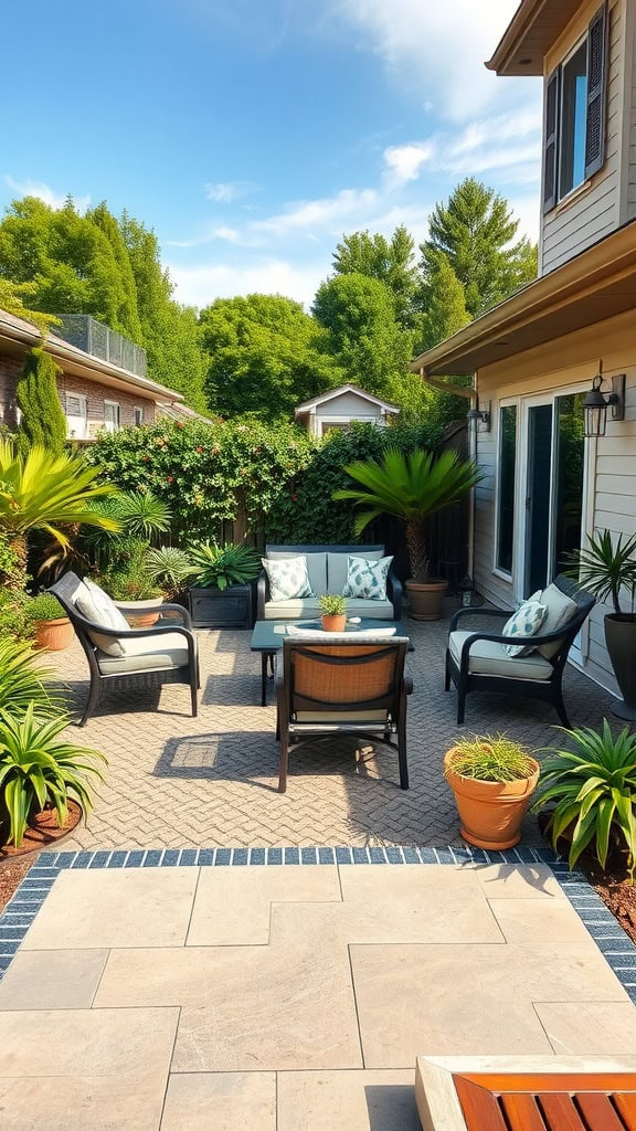 A stylish decorative concrete patio with seating and lush plants.
