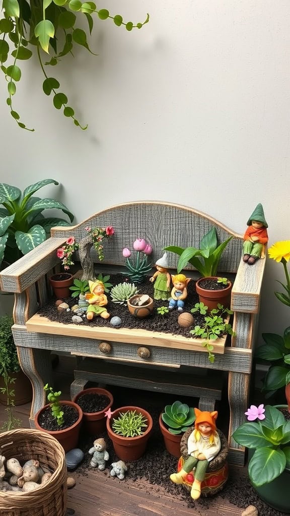 A decorative potting bench featuring a fairy garden with small figurines and various plants