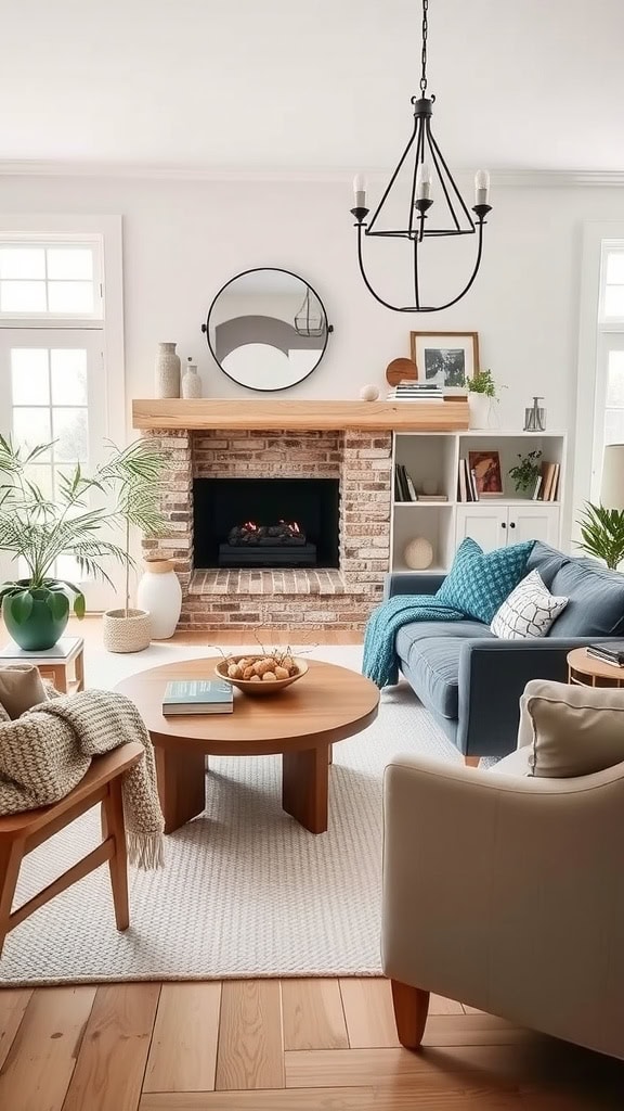 A cozy Scandinavian-style living room featuring a soft couch, a light blue chair, and warm wooden accents.