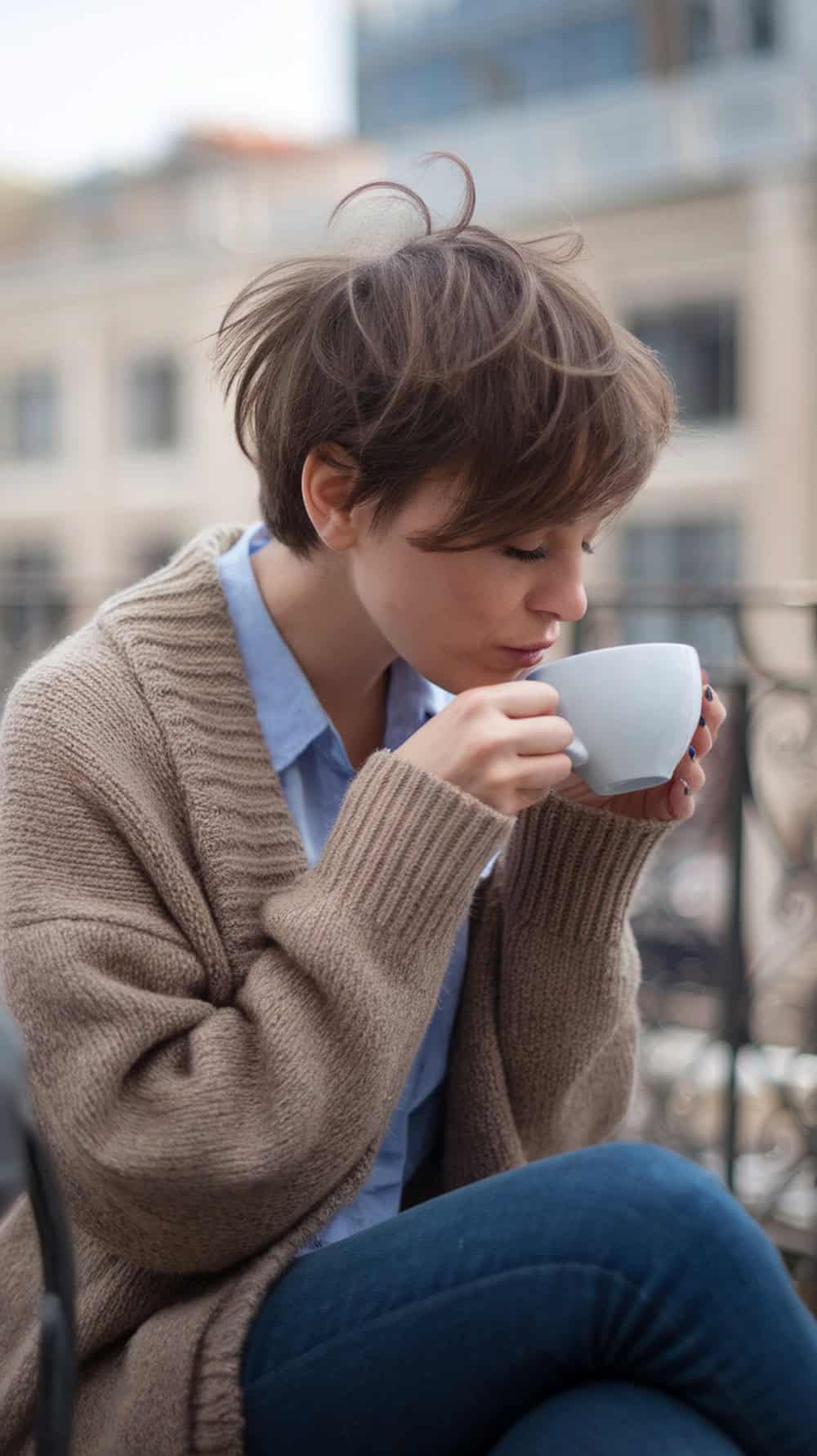 Woman with disheveled pixie haircut enjoying coffee outdoors.