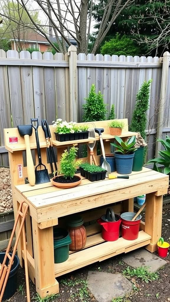 A wooden potting bench made from pallets, filled with gardening tools and plants.