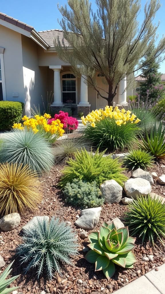 Colorful drought-resistant plants and rocks in a modern front yard.