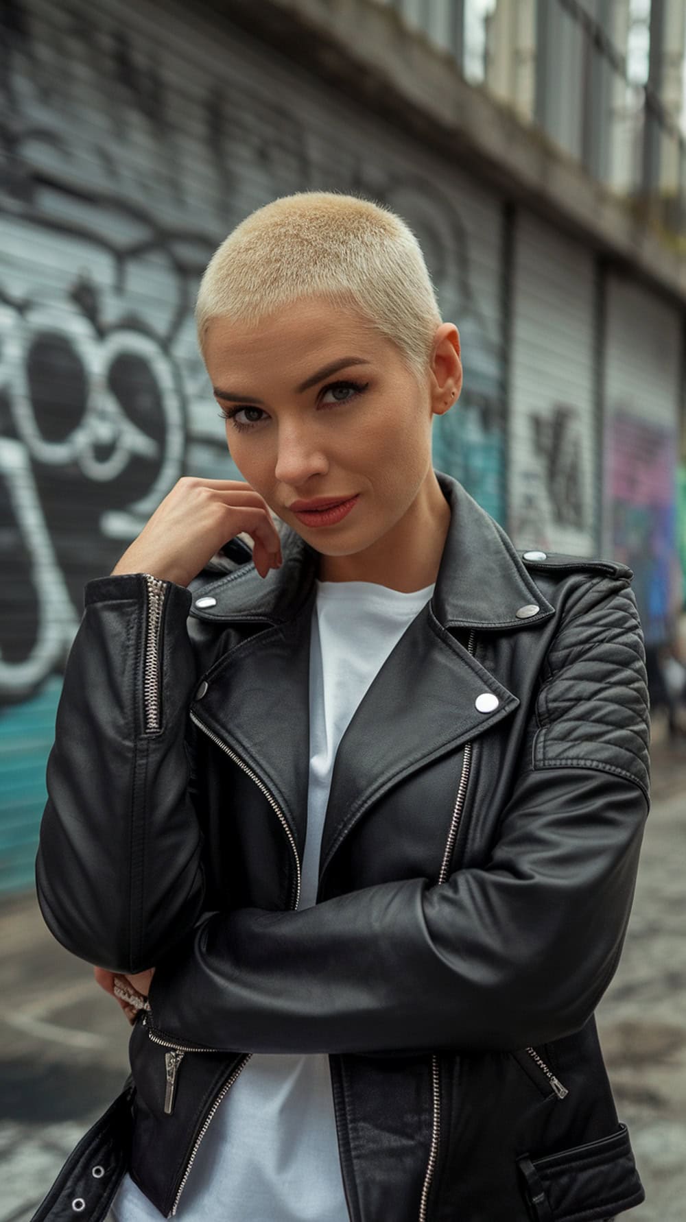 Woman with edgy undercut pixie hairstyle, wearing a leather jacket against a graffiti background.