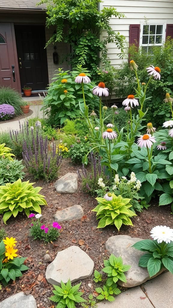 A vibrant front yard with various plants including flowers and greenery.