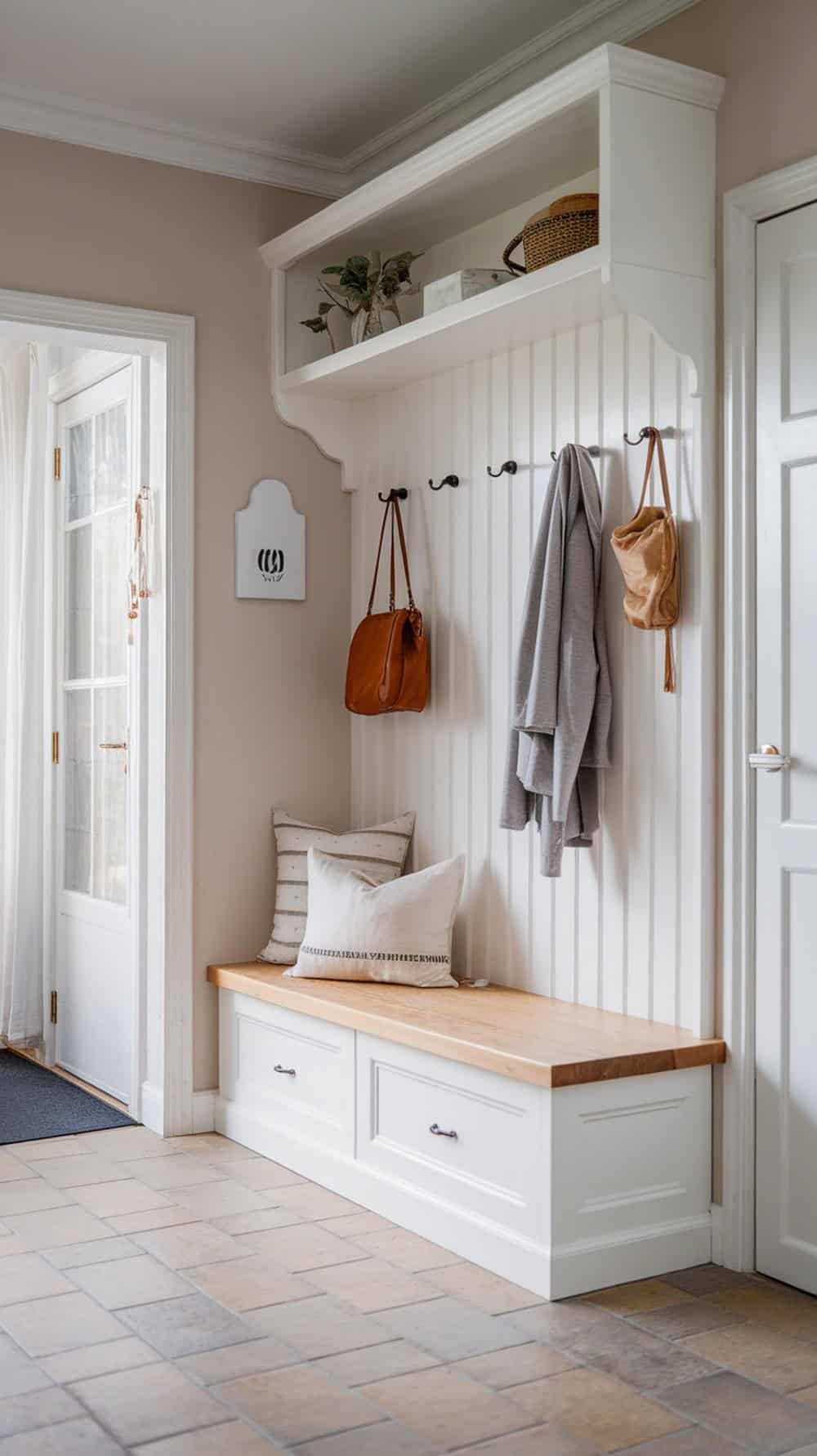 A stylish entryway with a built-in bench, storage drawers, and hooks for hanging bags and jackets.