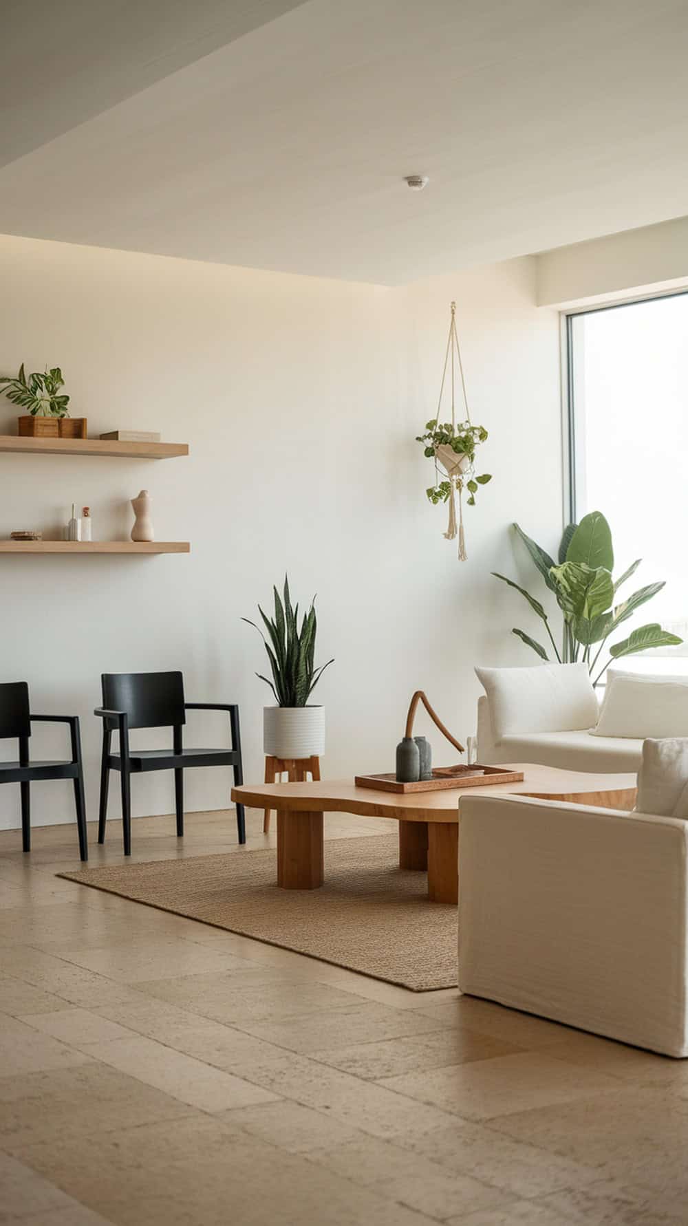 A minimalist Scandinavian living room with wooden furniture, plants, and a neutral color palette.