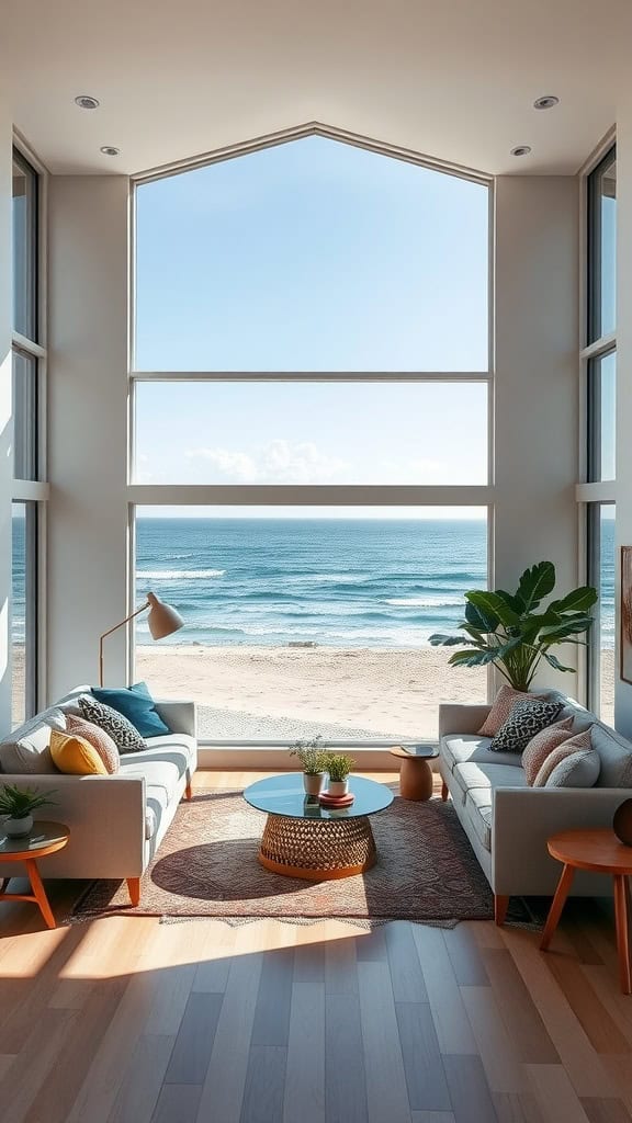 A bright beach-inspired living room with large windows showcasing a view of the ocean.