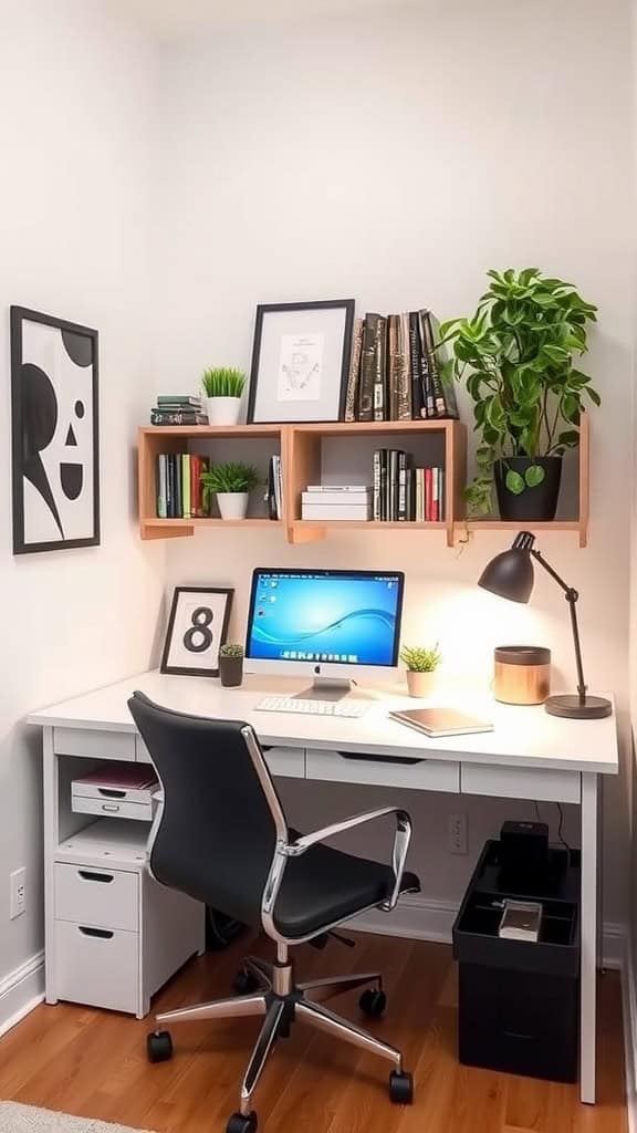 Cozy home office with a white desk, computer, and plants, featuring organized shelves.