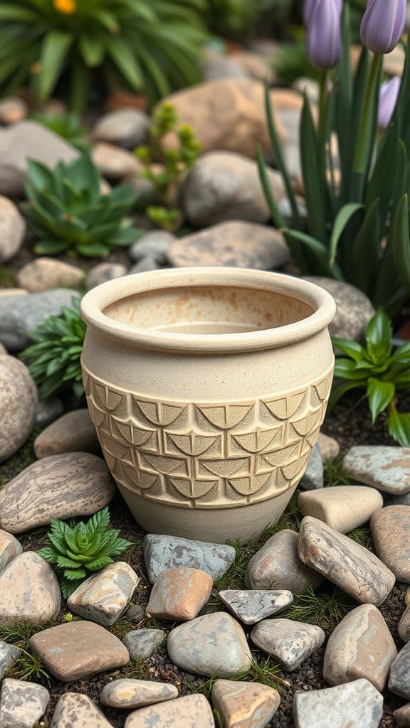 A ceramic plant pot with a faux stone finish, surrounded by pebbles and greenery.