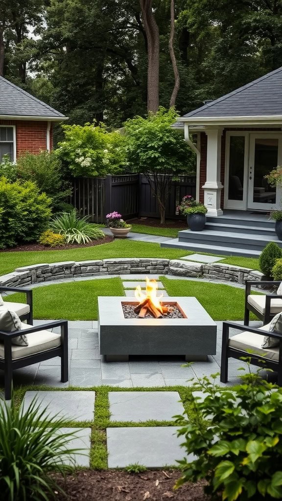 A modern fire pit area with chairs and stone seating.