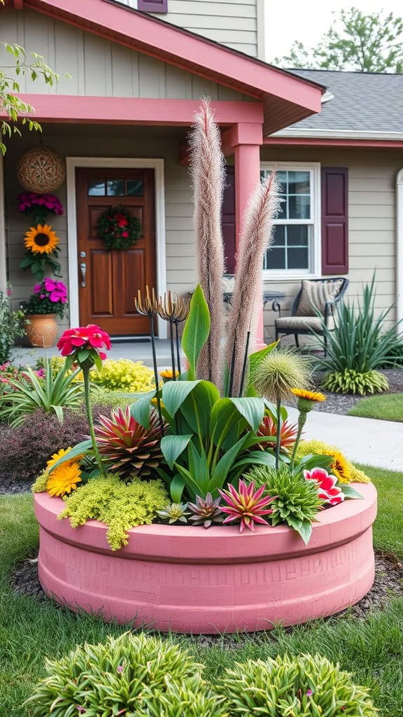 Colorful flower planter in front yard with various plants and flowers.