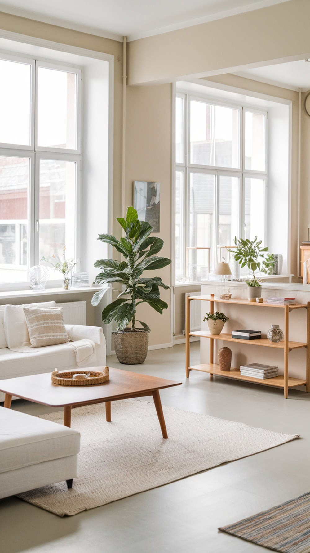 Bright Scandinavian living room with large windows, plants, and minimalistic furniture