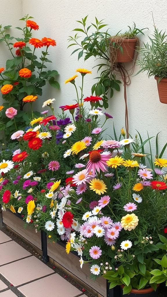 A colorful flower bed filled with various blooming flowers, including daisies and geraniums, creating a vibrant and fragrant corner garden.