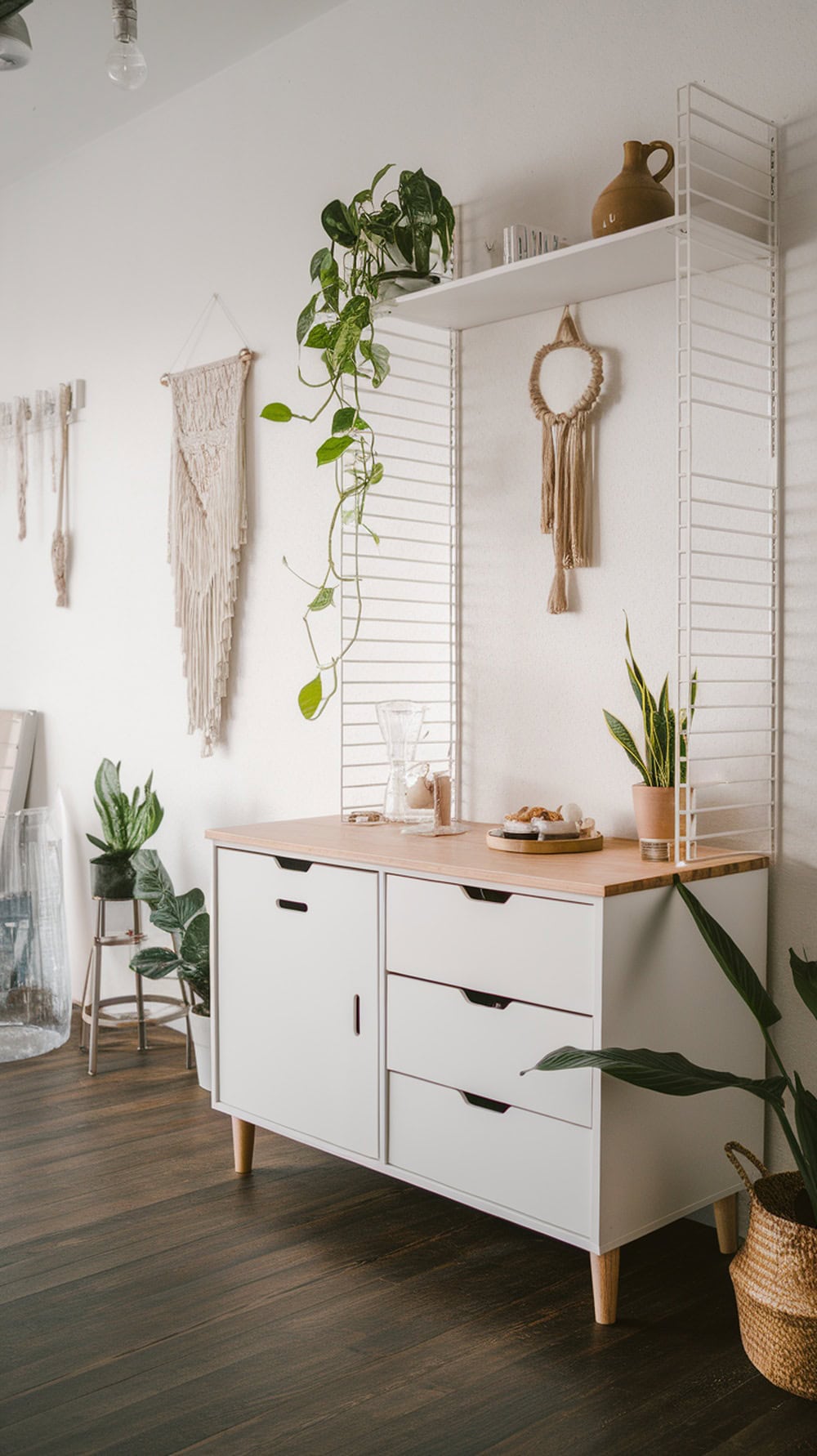 A stylish Scandinavian sideboard with drawers and plants, highlighting functional furniture design.