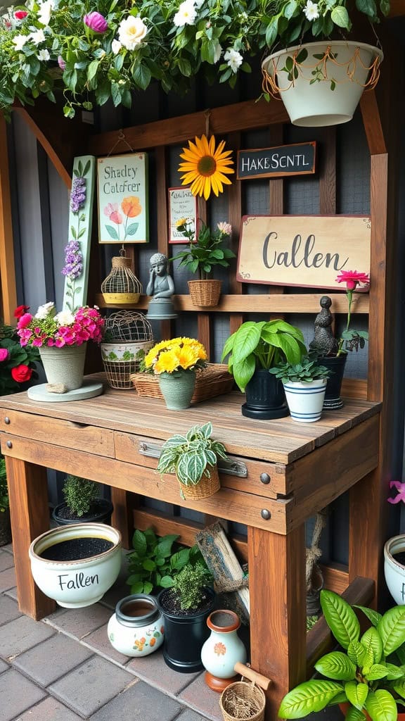 A beautifully decorated potting bench with flowers, plants, and decorative signs.