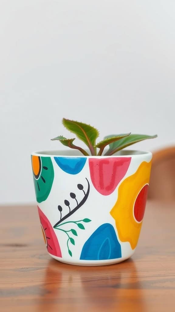 Colorful ceramic plant pot with geometric patterns and a green plant inside.