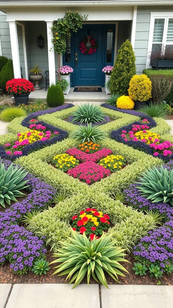 A vibrant geometric flower arrangement in a front yard.