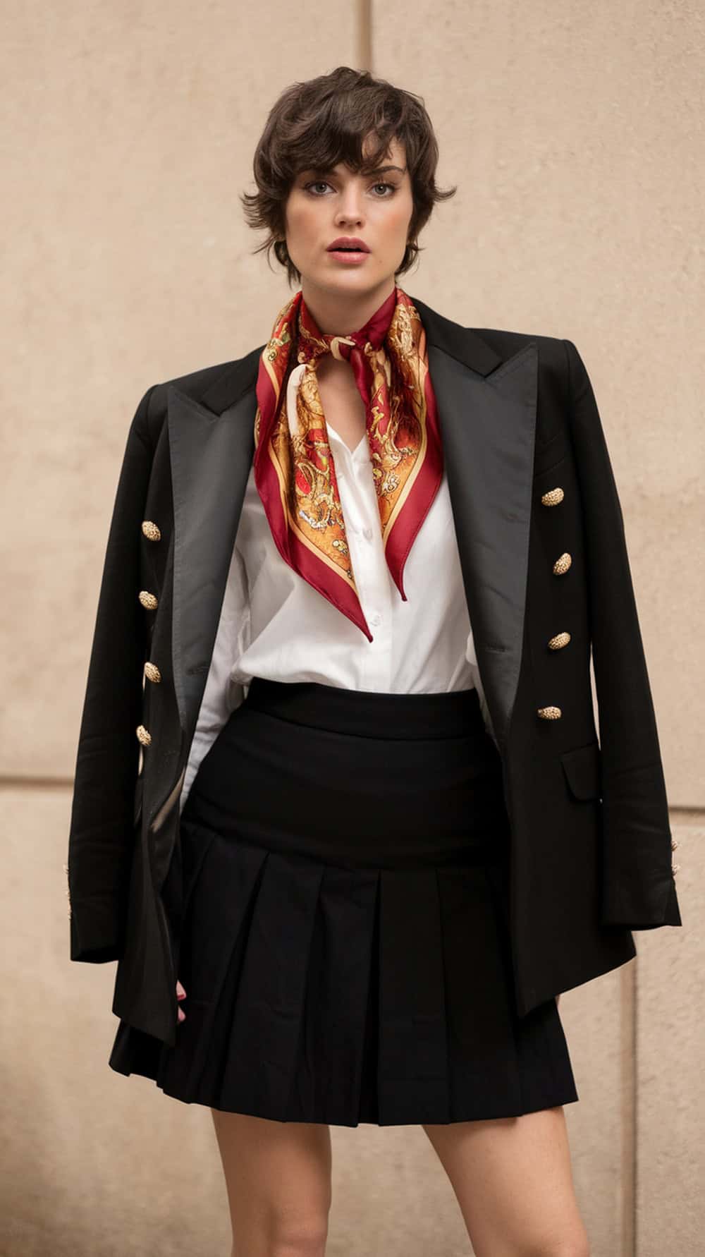 A woman with a chic pixie haircut styled in soft waves, wearing a black blazer and a colorful scarf.
