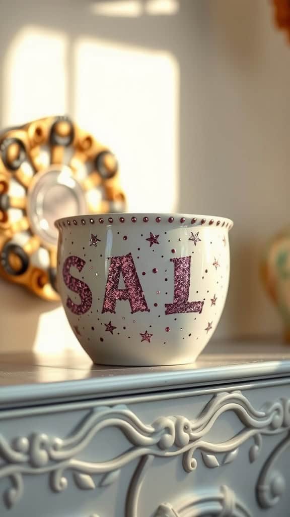 A ceramic plant pot with glittery letters and stars on a wooden surface.